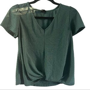Women’s green dot textured sage Vneck twisted short sleeve blouse